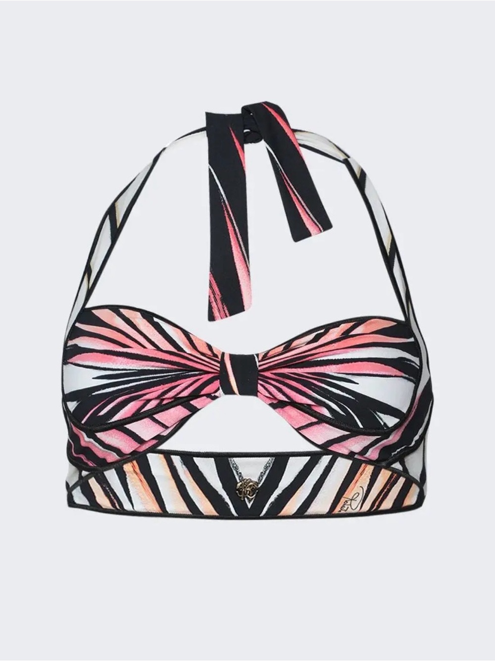 Roberto Cavalli Pink & Black Palm-Print Halter Bikini Top